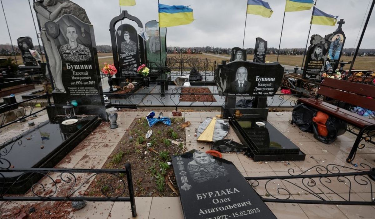 Ukrainian soldiers killed during Joint Forces Operation in the country's eastern regions are seen damaged